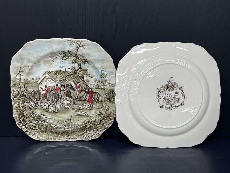 (Q) Two Tally Ho Stirrup Salad Plates And 1 Heritage Hall Colonial Overhang Ironstone Cup, Johnson Bros Collection