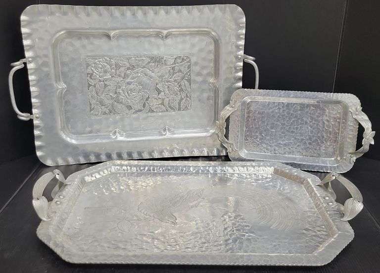 (Q) 3 Hammered Aluminum Serving Trays From Brands Including Cromwell And Trade Continental
