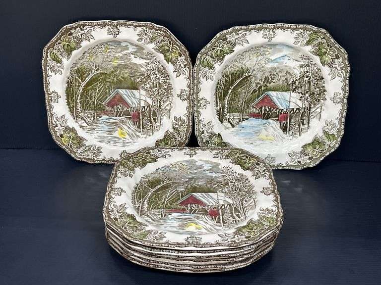 (Q) 8 Covered Bridge Pattern Salad Plates From The Friendly Village Johnson Bros Collection