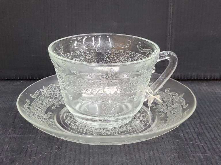 (Q) Macbeth l-Evans Stippled Rose Band Clear Depression Glass Teacups, Saucers, Sugar And Creamer