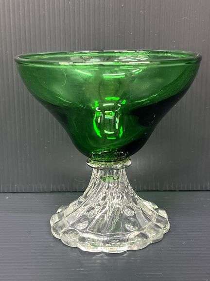 (Q) Set Of 7 Anchor Hocking Forest Green "Burple" Footed Champagne/Sherbet Glasses