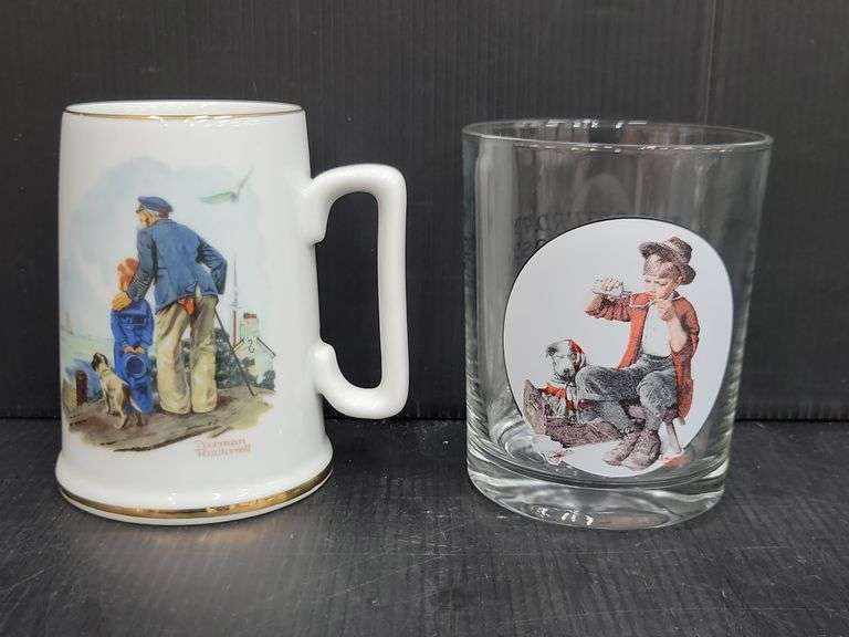 (Q) Norman Rockwell Mug And Rocks Glass, Hall Mug And Small Clear Juice Glasses