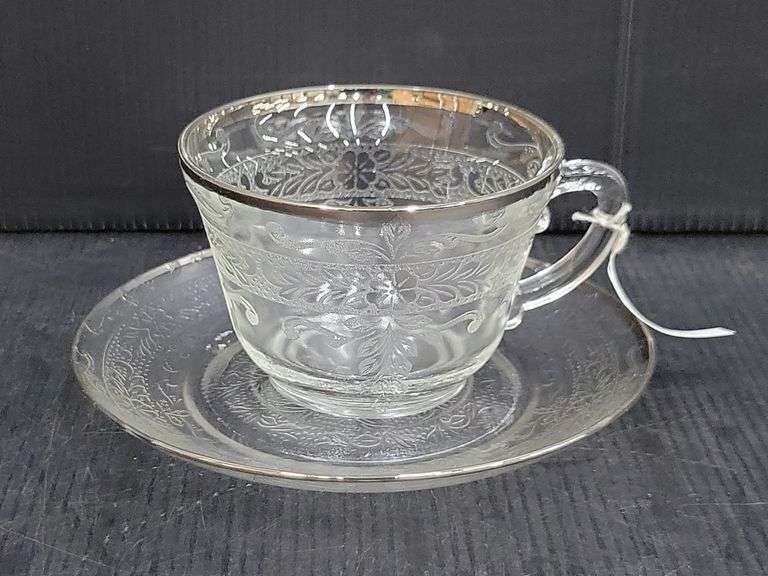 (Q) Macbeth-Evans Stippled Rose Band Pattern Clear Depression Glass Teacups & Saucers With Platinum Trim