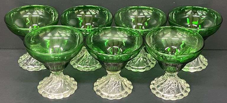 (Q) Set Of 7 Anchor Hocking Forest Green "Burple" Footed Champagne/Sherbet Glasses