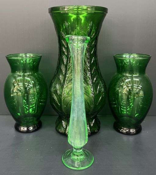 (Q) FTD Emerald Glass Vase 1978, 2 Medium Emerald Glass Vases And 1 Thin Light Green Vase