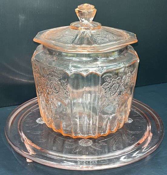 (Q) Pink Depression Glass - Anchor Hocking Open Rose Pattern - Cookie Jar W/ Lid & Footed Cake Plate