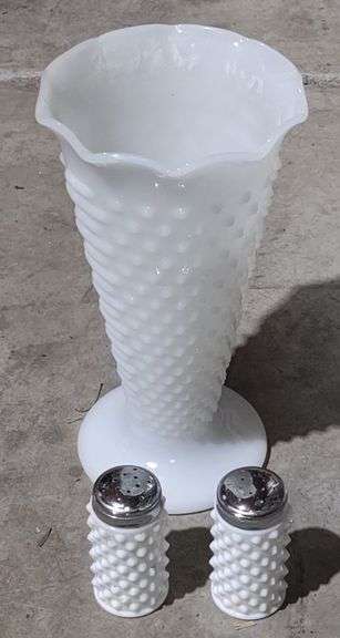 Vtg. Hobnail Milk Glass Vase & Salt and Pepper Shakers