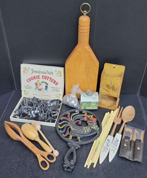 (Q) Pennsylvania Dutch Cookie Cutters, Chopsticks, Cast Iron Trivet Featuring Rooster, Etc