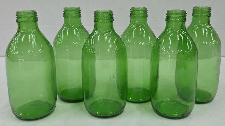(Q) 6 Green Glass Bottles