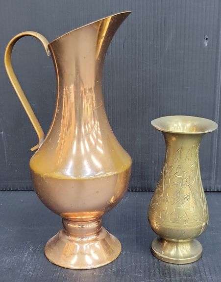 (Q) Small Brass Vase With Floral Design And Copper Pitcher