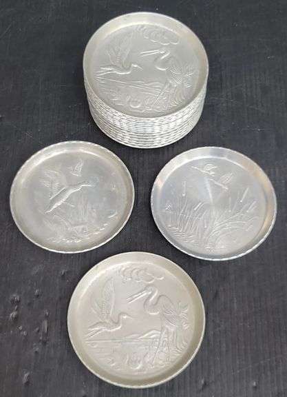 (Q) Vintage Aluminum Drink Coasters Featuring Birds In The Wetlands
