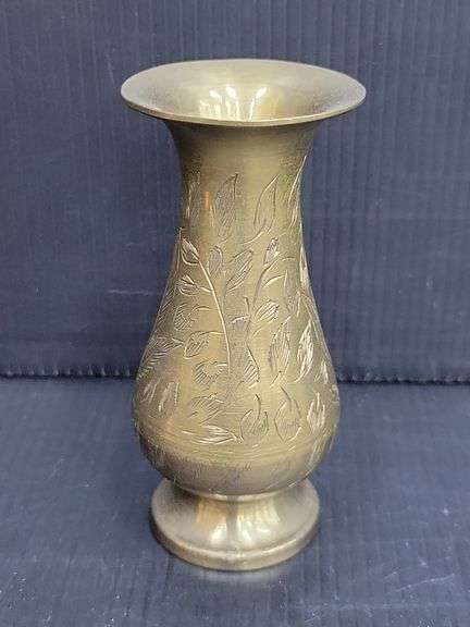 (Q) Small Brass Vase With Floral Design And Copper Pitcher
