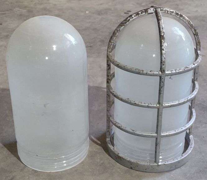 Vtg. Nautical Industrial Caged Frosted Glass Light Fixtures w/ Light Fixture Cage