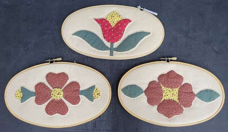 (Q) Quilted Flowers Applique Hand Stitched And Displayed In Embroidery Hoops
