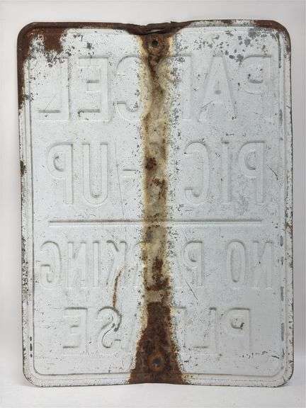 Vintage Parcel Pick-Up Embossed Metal Sign