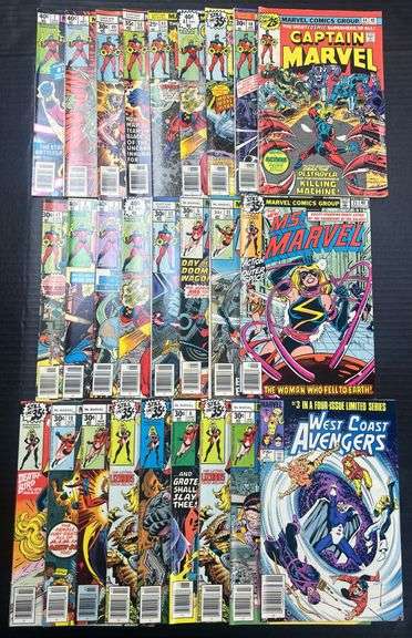 (J) Marvel Comics Captain Marvel, Ms. Marvel, And West Coast Avengers Comic Books.