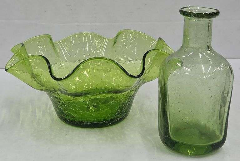 (Q) Blenko Olive Green Crackled Glass Ruffle Bowl And Olive Green Seeded Glass Bottle