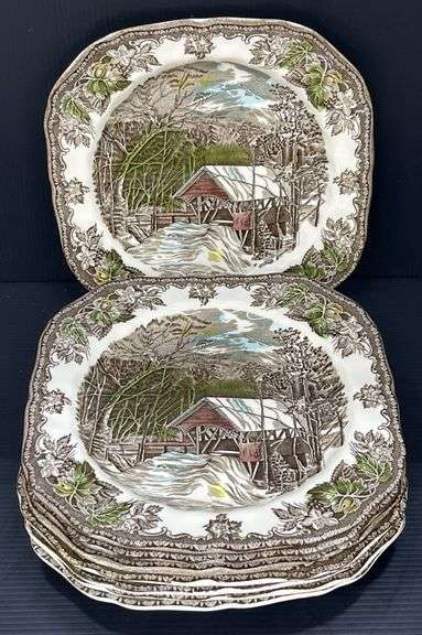 (Q) 8 Covered Bridge Pattern Salad Plates From The Friendly Village Johnson Bros Collection