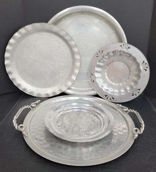 (Q) Vintage Hand-Wrought Aluminum Serving Trays And Plates With Floral Designs