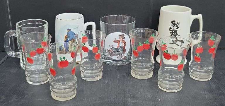 (Q) Norman Rockwell Mug And Rocks Glass, Hall Mug And Small Clear Juice Glasses