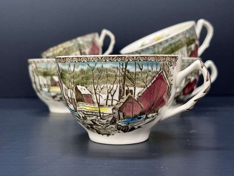 (Q) 8 Cups With The Ice House Pattern, From The Johnson Brothers Friendly Village Collection