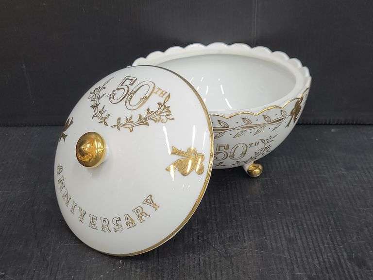 (Q) China 50th Anniv Footed Candy Dish, Crystal & Silverplate Pedestal Bowl, Porcelain Heart Vase, Etc