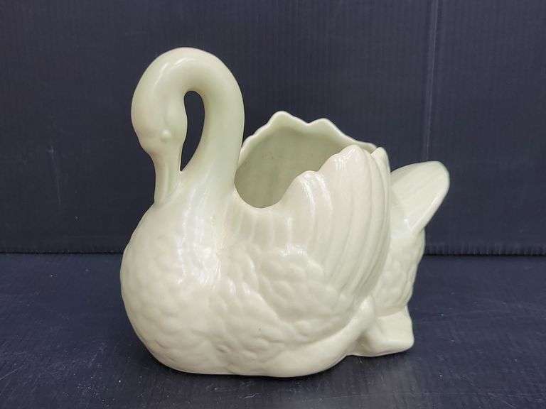 (Q) Vintage Red Wing Pottery Swan Planter, 3 Duck Salt And Pepper Shakers & 2 White Alabaster Doves