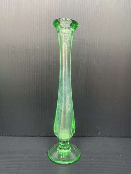 (Q) FTD Emerald Glass Vase 1978, 2 Medium Emerald Glass Vases And 1 Thin Light Green Vase
