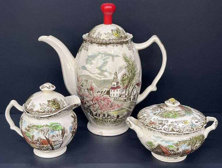 (Q) Johnson Brothers "The Friendly Village" Coffee Pot, Creamer And Sugar Bowl