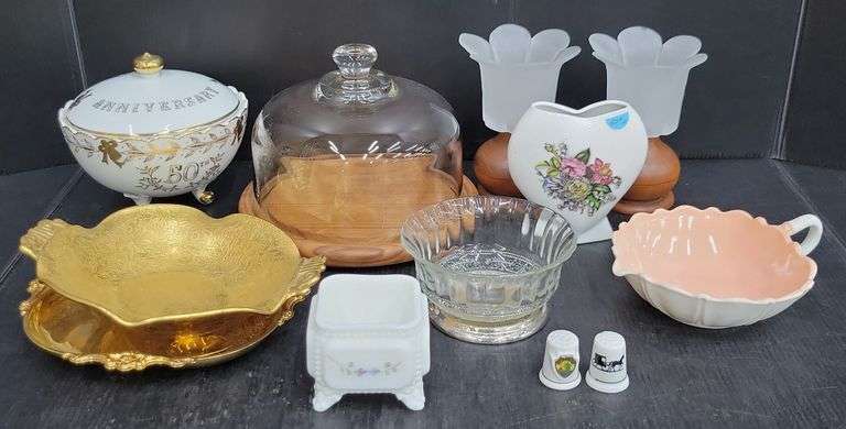 (Q) China 50th Anniv Footed Candy Dish, Crystal & Silverplate Pedestal Bowl, Porcelain Heart Vase, Etc