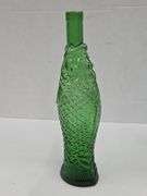 (Q) Italian Art Glass: MCM Blue Empoli Vase And Vintage Green Fish Decanter/Wine Bottle