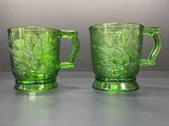 (Q) Two Mosser Glass Mugs with the "Robin in a Tree" Pattern And A Small Fidenza Vase