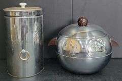 (Q) Vintage Aluminum West Bend Penguin Hot And Cold Server And Unbranded Sugar Canister