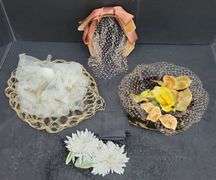 (Q) Four Vintage Ladies Pillbox Hats And Hairpins With Decorative Flowers And Tulle
