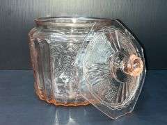 (Q) Pink Depression Glass - Anchor Hocking Open Rose Pattern - Cookie Jar W/ Lid & Footed Cake Plate