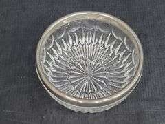 (Q) Macbeth-Evans Stippled Rose Band Pattern Clear Depression Glass Teacups & Saucers With Platinum Trim