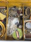 Vintage Tin Box Full Of Vintage Clock & Toy Parts