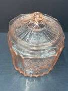 (Q) Pink Depression Glass - Anchor Hocking Open Rose Pattern - Cookie Jar W/ Lid & Footed Cake Plate