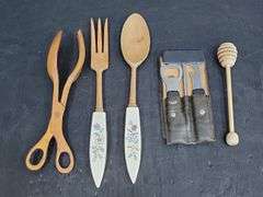 (Q) Pennsylvania Dutch Cookie Cutters, Chopsticks, Cast Iron Trivet Featuring Rooster, Etc