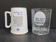 (Q) Norman Rockwell Mug And Rocks Glass, Hall Mug And Small Clear Juice Glasses