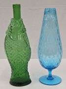 (Q) Italian Art Glass: MCM Blue Empoli Vase And Vintage Green Fish Decanter/Wine Bottle