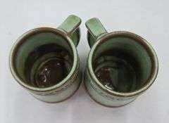 (Q) Frankoma Pottery Green & Brown Mugs