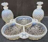 (Q) Fenton/Anchor Hocking Hobnail Moonstone Candy Dish & Bottles