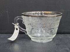 (Q) Macbeth-Evans Stippled Rose Band Pattern Clear Depression Glass Teacups & Saucers With Platinum Trim