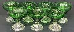 (Q) Set Of 7 Anchor Hocking Forest Green "Burple" Footed Champagne/Sherbet Glasses