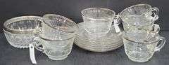 (Q) Macbeth-Evans Stippled Rose Band Pattern Clear Depression Glass Teacups & Saucers With Platinum Trim