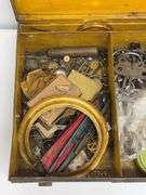 Vintage Tin Box Full Of Vintage Clock & Toy Parts