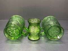 (Q) Two Mosser Glass Mugs with the "Robin in a Tree" Pattern And A Small Fidenza Vase
