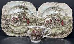(Q) Two Tally Ho Stirrup Salad Plates And 1 Heritage Hall Colonial Overhang Ironstone Cup, Johnson Bros Collection