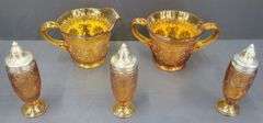 Q) Amber Glass - Indiana Glass Tiara - Salt, Pepper, Cream & Sugar Dishes